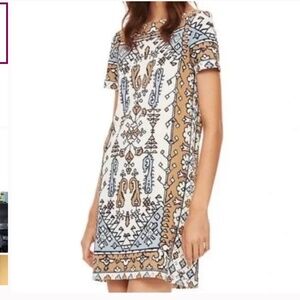 TORY BURCH Pima Cotton Bohemian Ikat Dress Wheat Lisbon Size S Blue White